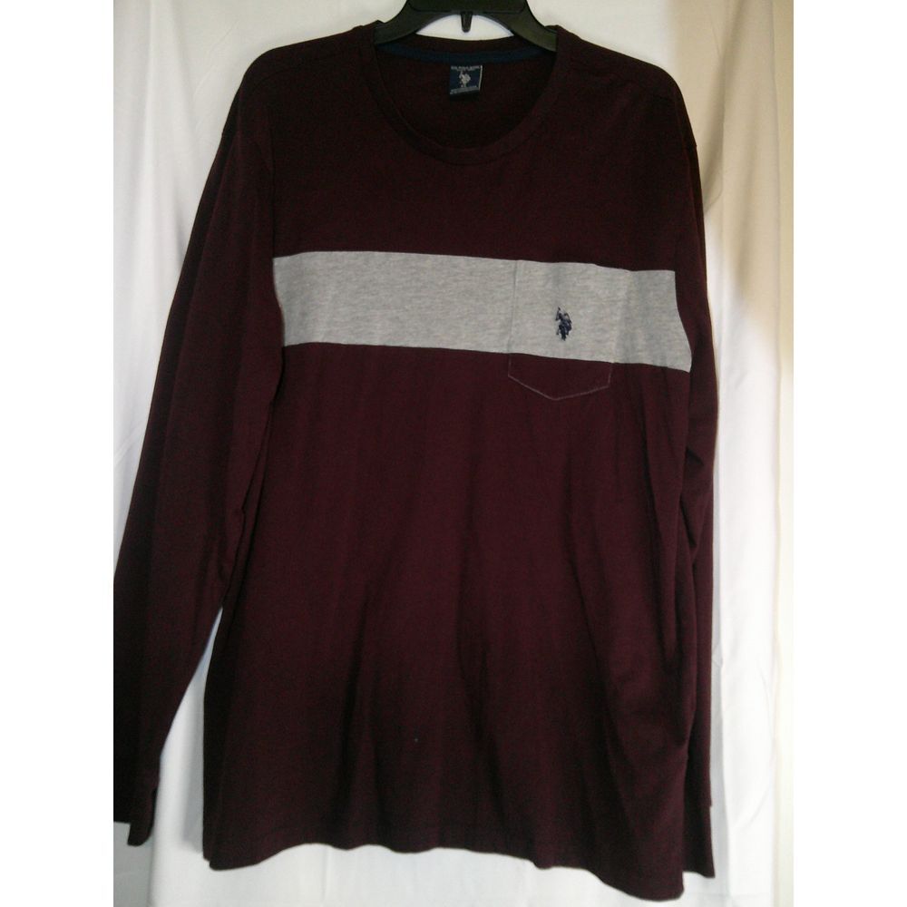U.S. Polo Assn. Burgundy Long Sleeve Shirt with Gray Stripe Casual Pullover XL
